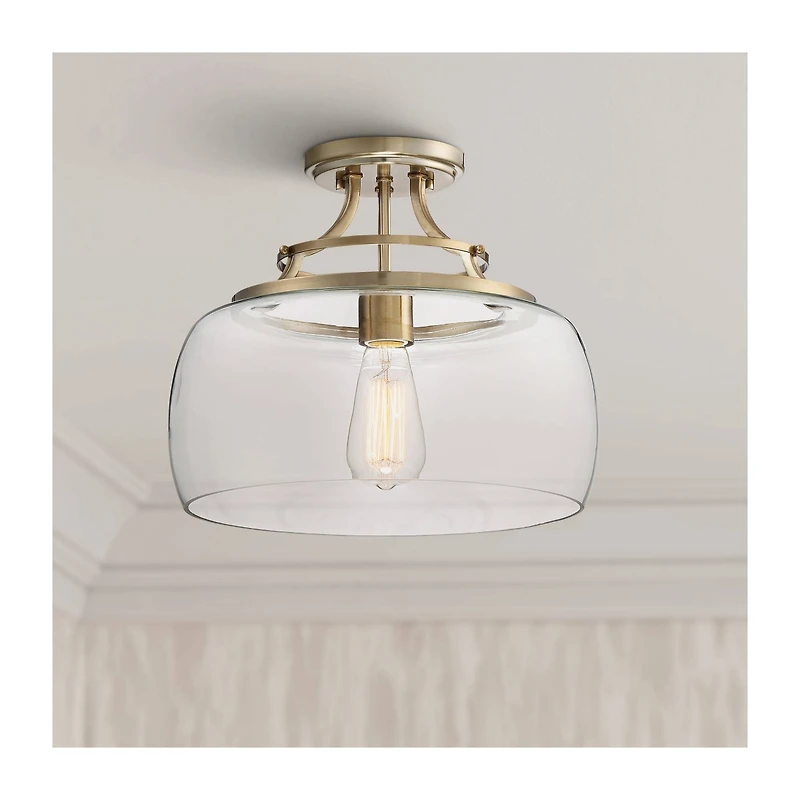 Franklin Iron Works Charleston Rustic Farmhouse Ceiling Light Semi Flush-Mount Fixture 13 1/2" Wide Warm Brass Led Clear Glass Shade for Bedroom Kitch