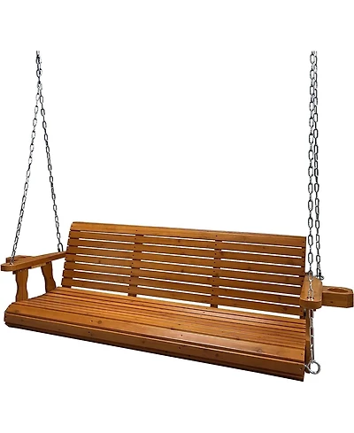 Wooden Porch Swing 3-Seater, Bench Swing with Cupholders, Hanging Chains and 7mm Springs, Heavy Duty 800 Lbs, for Outdoor Patio Garden Yard