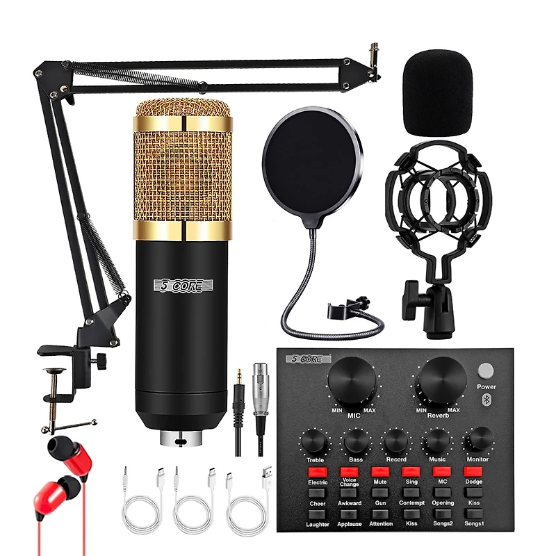 5 Core Recording Microphone Podcast Bundle • Professional Condenser Cardioid Mic Kit • w Boom Arm Rm 8 Bg