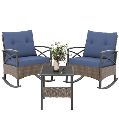 Outsunny 3pc Rocking Chair Set w/ Cushions, Wicker Bistro Set