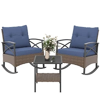 Outsunny 3pc Rocking Chair Set w/ Cushions, Wicker Bistro Set