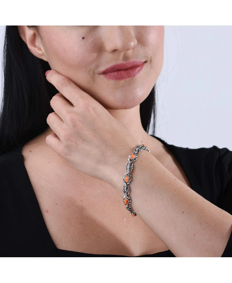 American West Sterling Silver Women's Link Bracelet Oval Orange Spiny Oyster Gemstone Small - Large