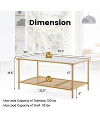 Costway 2-Tier Coffee Table with Shelf with Tempered Glass Top & Metal Frame Living Room