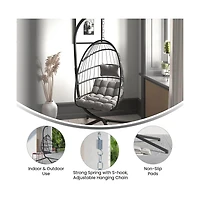 Merrick Lane Riley Foldable Woven Hanging Egg Chair With Removable Cushion And Stand For Indoor And Outdoor Use