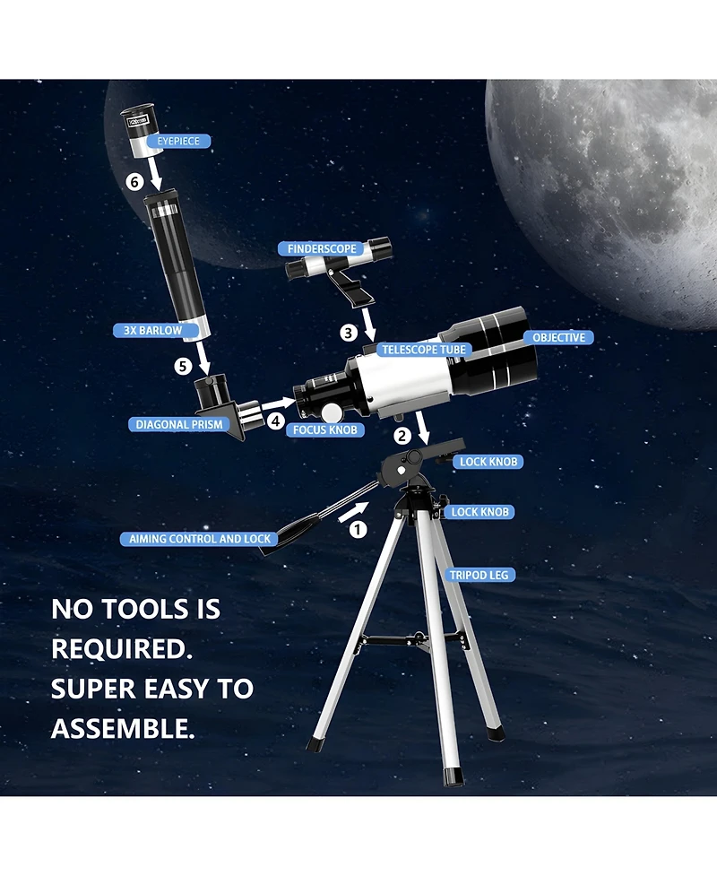 Portable 70mm Refractor Telescope for Adults & Kids - 15X-150X Magnification with Phone Adapter and Wireless Remote