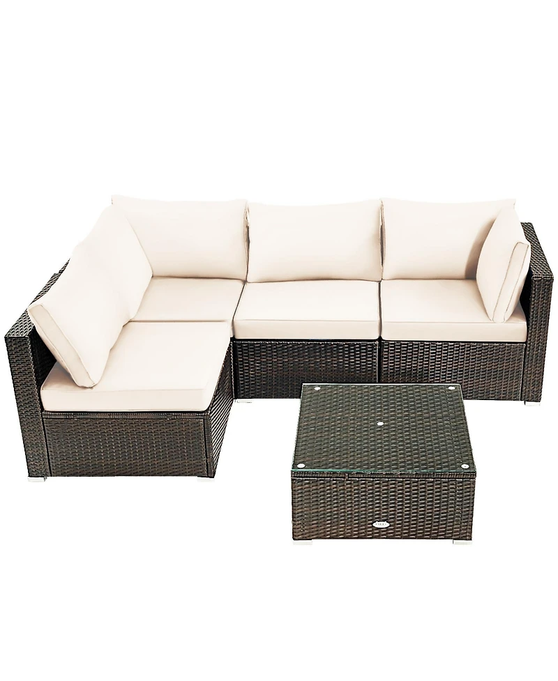 Vebreda 5 Pieces Cushioned Patio Rattan Furniture Set with Glass Table