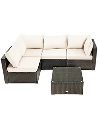 Vebreda 5 Pieces Cushioned Patio Rattan Furniture Set with Glass Table