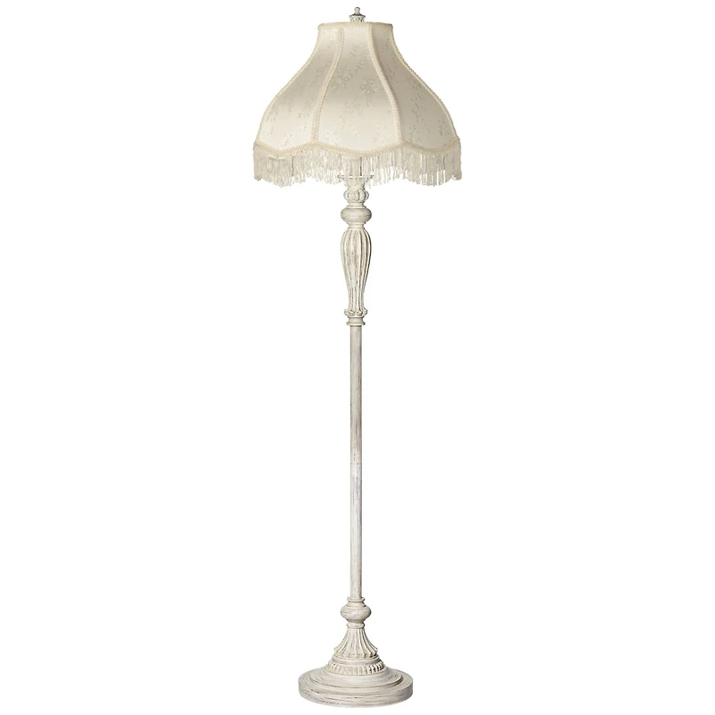 Traditional Vintage like Shabby Chic Lamp Floor Standing 60" Tall Antique White Victorian Cream Scallop Fabric Dome Shade with Fringe Decor for L
