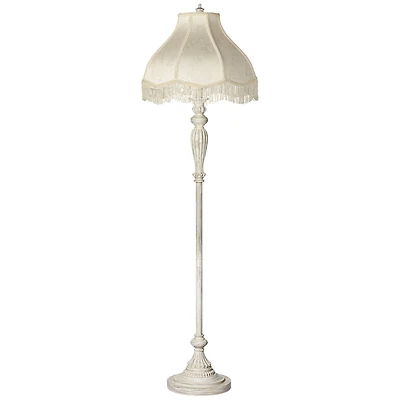 Traditional Vintage like Shabby Chic Lamp Floor Standing 60" Tall Antique White Victorian Cream Scallop Fabric Dome Shade with Fringe Decor for L