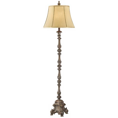 Regency Hill Rustic Floor Lamp 62" Tall French Faux Wood Antique Candlestick Beige Silk Bell Shade for Living Room Reading Bedroom Office