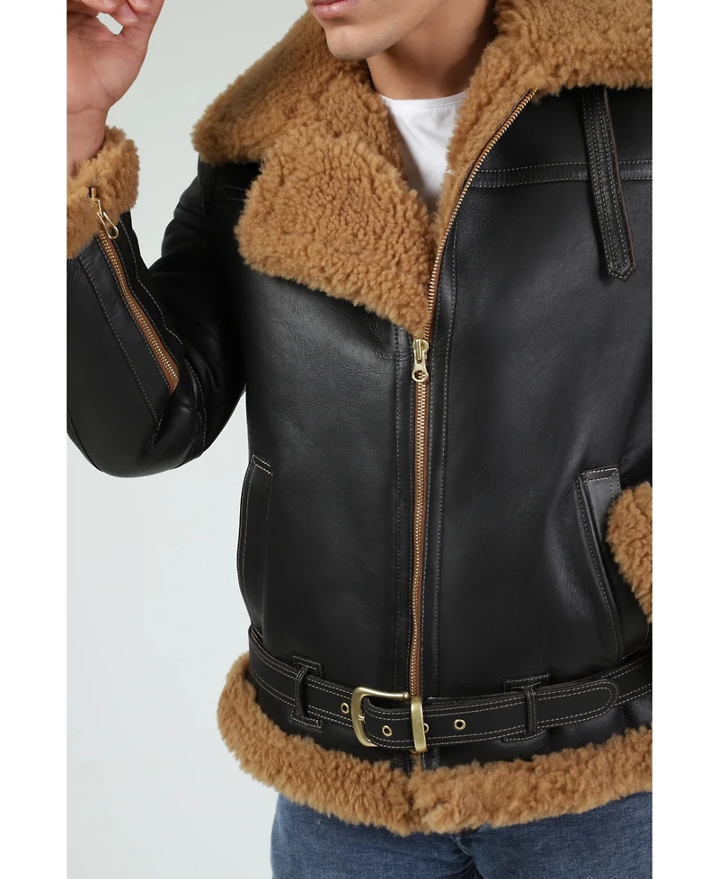 Men's Aviator Jacket, Silky Brown with Ginger Curly Wool