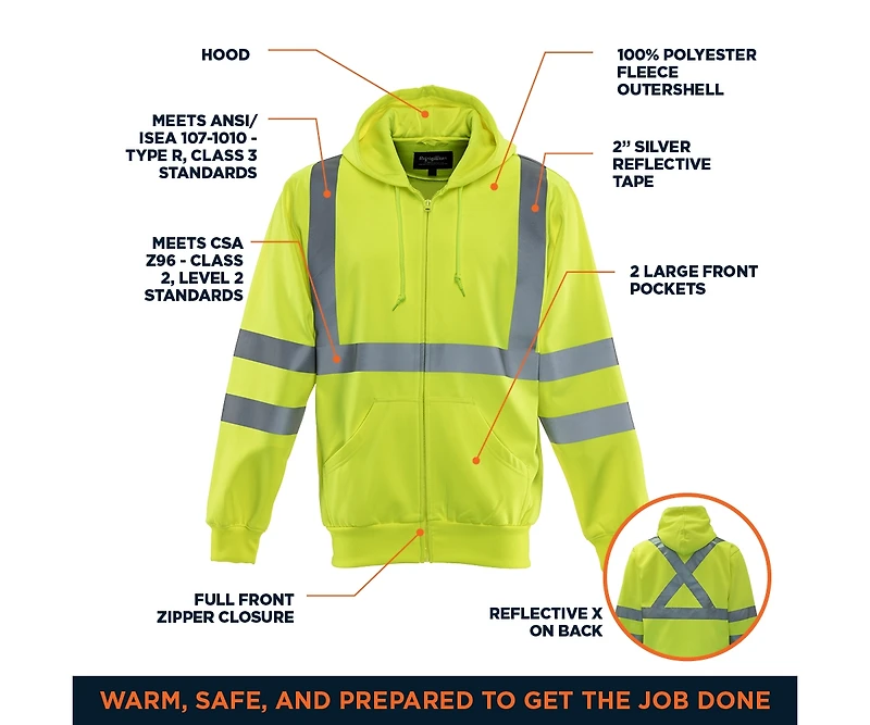 RefrigiWear Men's HiVis Hooded Sweatshirt - High-Visibility, Insulated Work Hoodie, Reflective, Warm, Durable, Cold-Weather Safety Gear