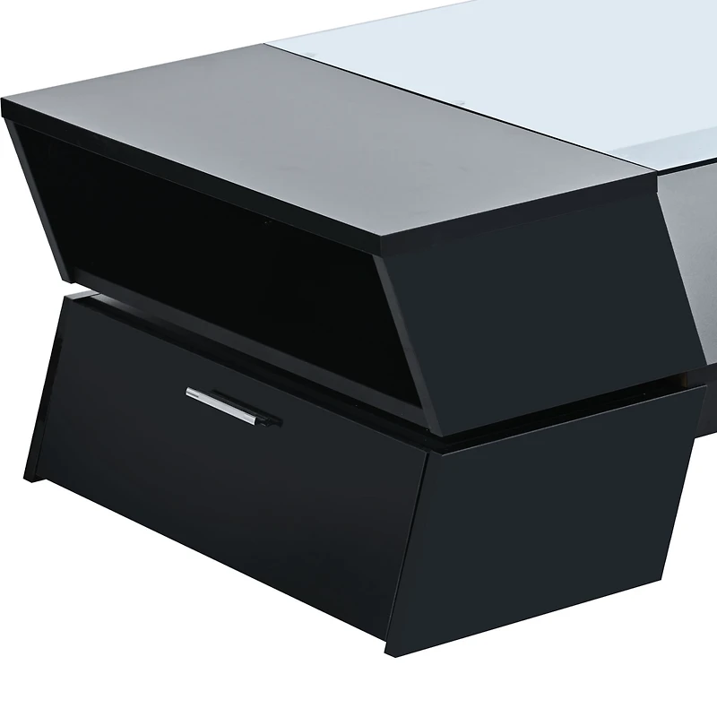 Simplie Fun 6mm Glass-Top Coffee Table With Open Shelves And Cabinets, Geometric Style Cocktail Table