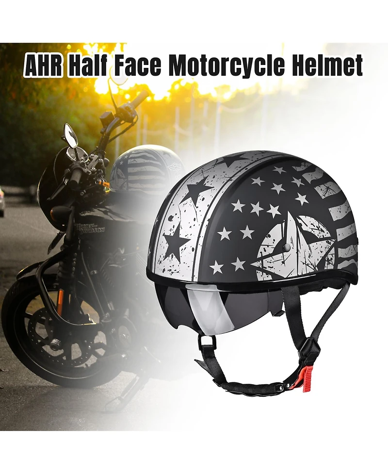 Ahr Half Face Motorcycle Helmet Sun Visor Dot Approved Bike Chopper Cruiser