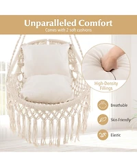 Costway Indoor Outdoor Macrame Swing with Soft Seat Cushions Sturdy Hanging Rope & Chain