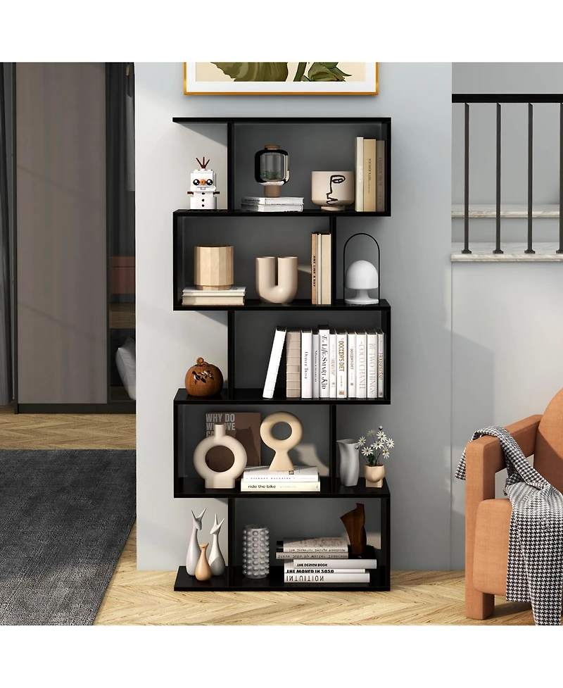 1 Pc 5-Tier Bookshelf Geometric S-Shaped Bookcase Room Divider Storage Display Shelf