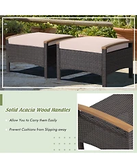 Set of 2 Patio Rattan Ottoman Footrest Cushions Wooden Handle