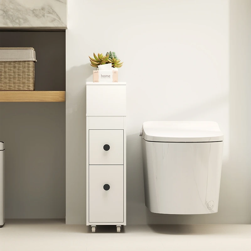 Movable Bathroom Storage Cabinet Narrow Toilet Side Paper Holder w/ 2 Drawers