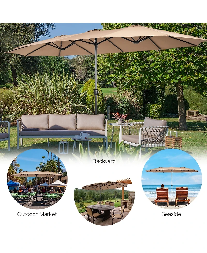 Costway 15FT Double-Sided Twin Patio Umbrella Outdoor Market W/ Crank & Base