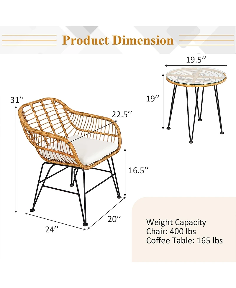 3PCS Patio Rattan Bistro Furniture Set Cushioned Chair Table