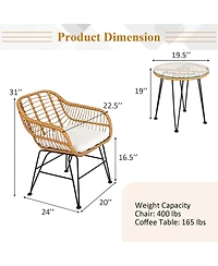 3PCS Patio Rattan Bistro Furniture Set Cushioned Chair Table