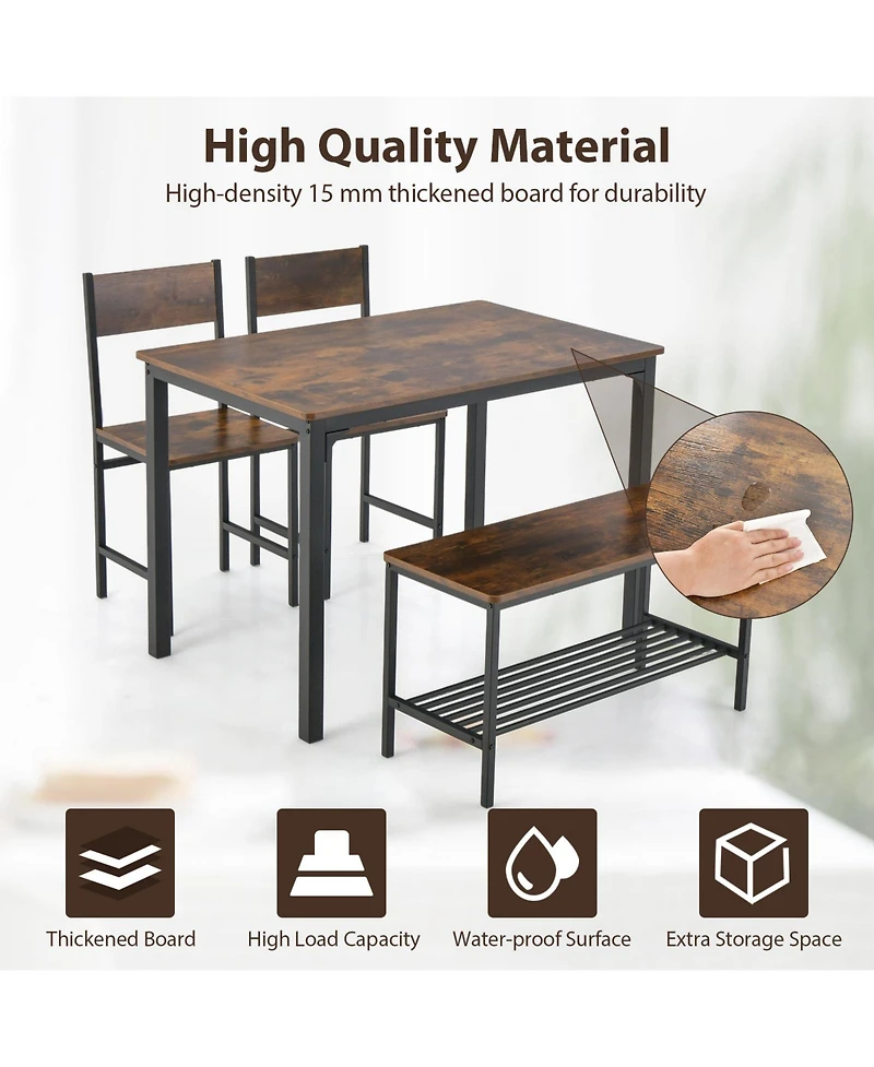 4pcs Dining Table Set Rustic Desk 2 Chairs & Bench with Storage Rack