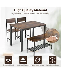 4pcs Dining Table Set Rustic Desk 2 Chairs & Bench with Storage Rack