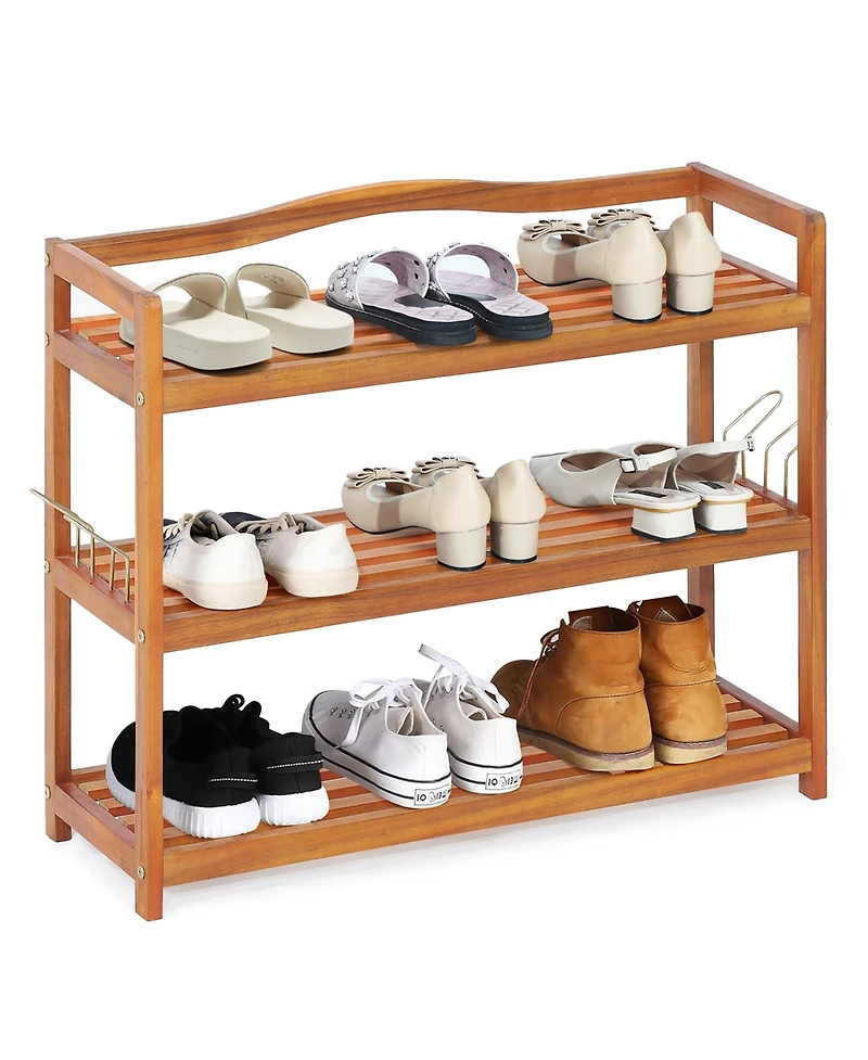 3-Tier Wood Shoe Rack Solid Acacia Wood Shoe Shelf with Side Metal Hooks