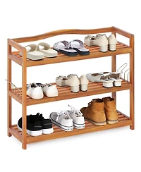 3-Tier Wood Shoe Rack Solid Acacia Wood Shoe Shelf with Side Metal Hooks