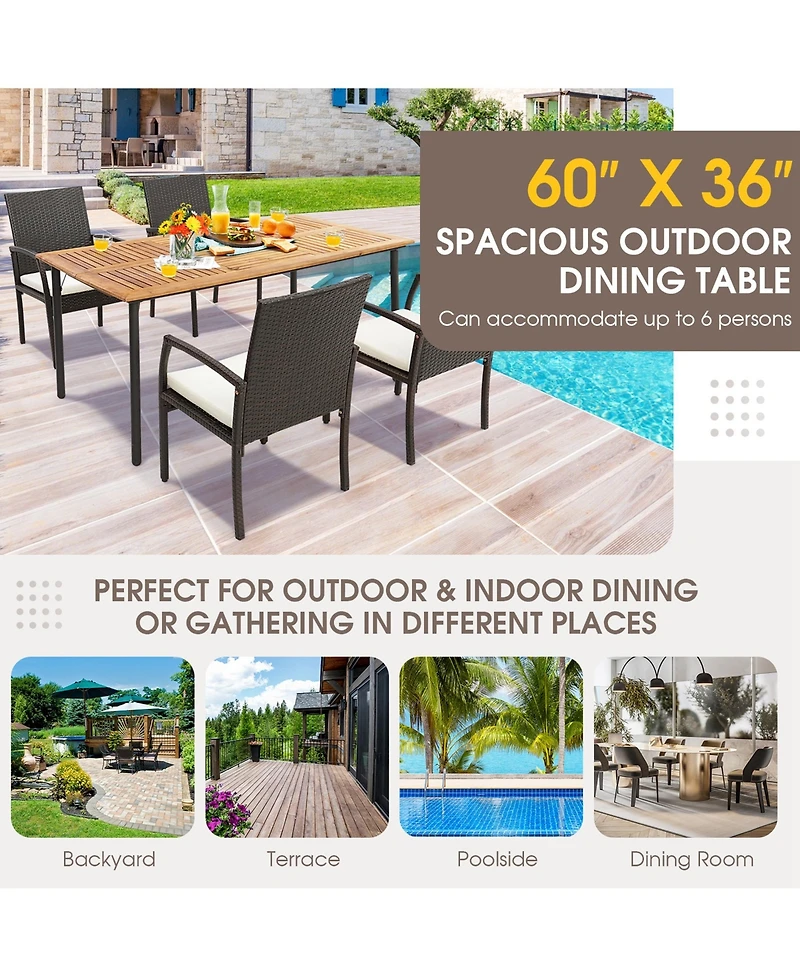Costway Patio Rectangular Acacia Wood Dining Table with 1.9''Umbrella Hole Indoor&Outdoor