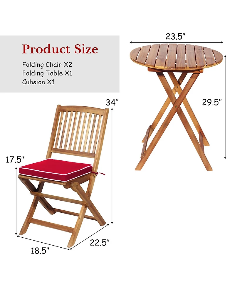 3PCS Patio Folding Wooden Bistro Set Cushioned Chair Conversation Garden