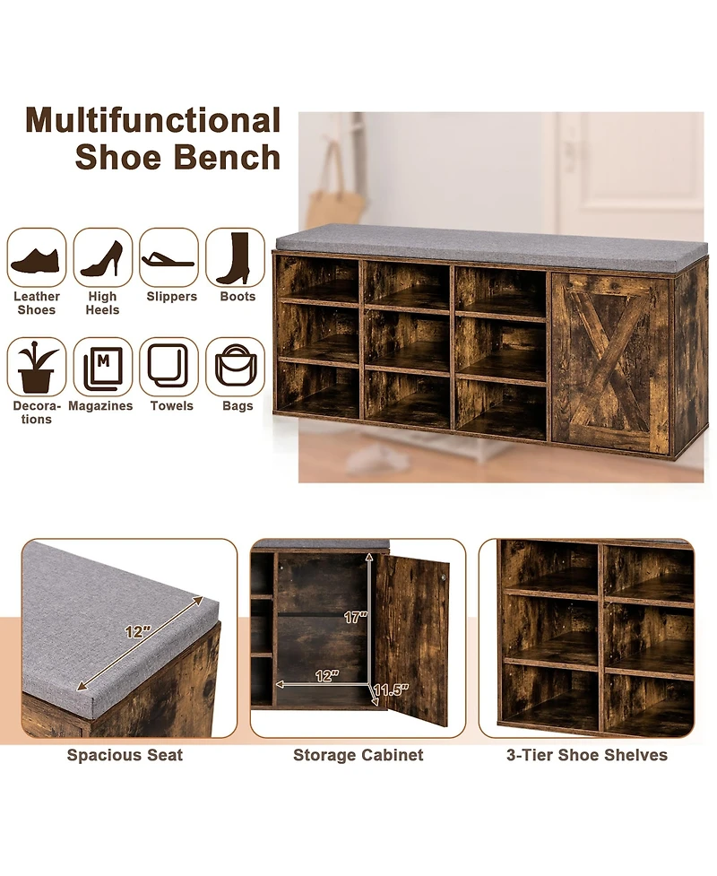 Shoe Bench w/Padded Cushion 9-cube Adjustable Storage Rack