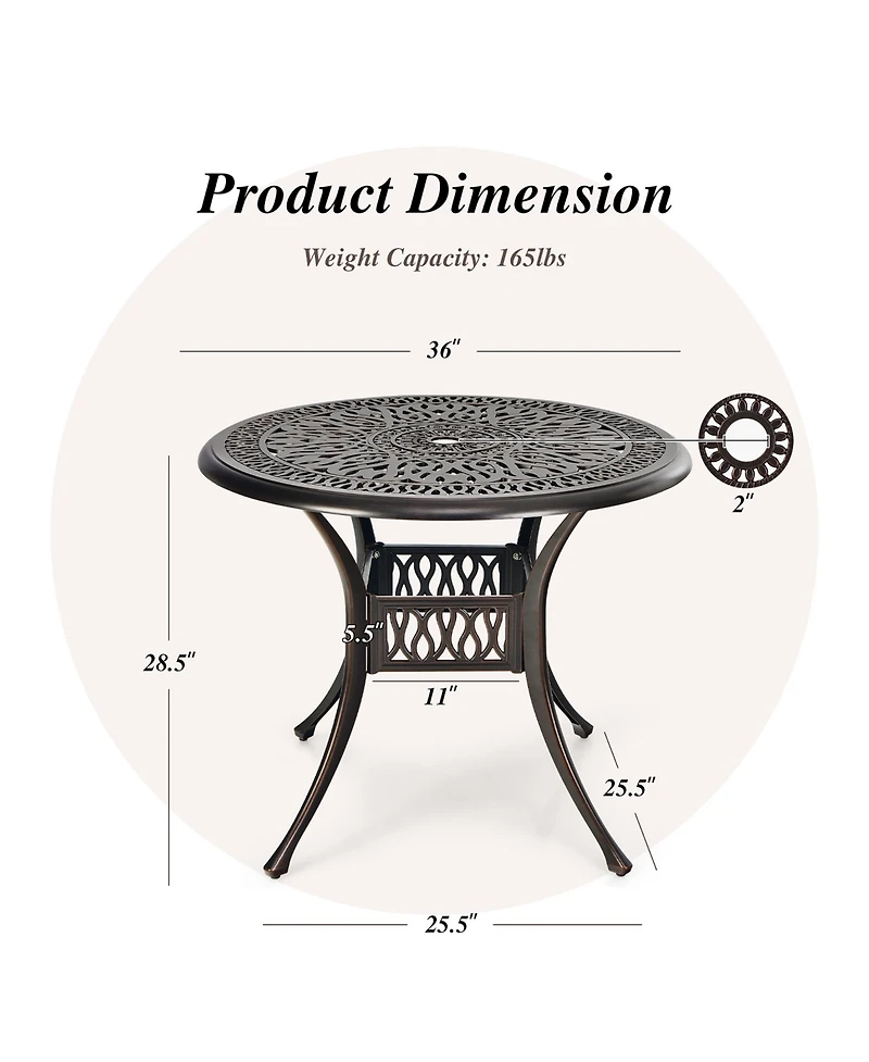 Costway 36'' Patio Round Dining Bistro Table Cast W/2'' Umbrella Hole