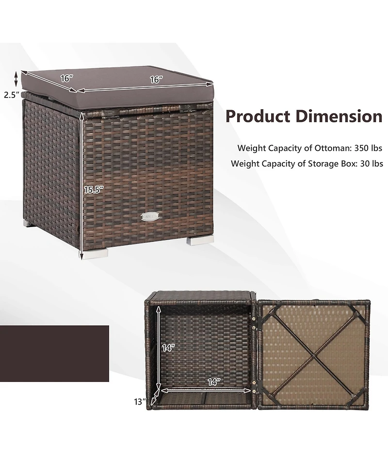 2PCS Patio Rattan Ottomans Seat Side Table Storage Box Footstool with Cushion