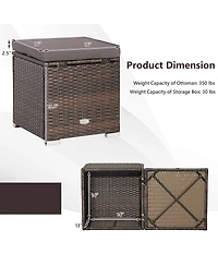 2PCS Patio Rattan Ottomans Seat Side Table Storage Box Footstool with Cushion