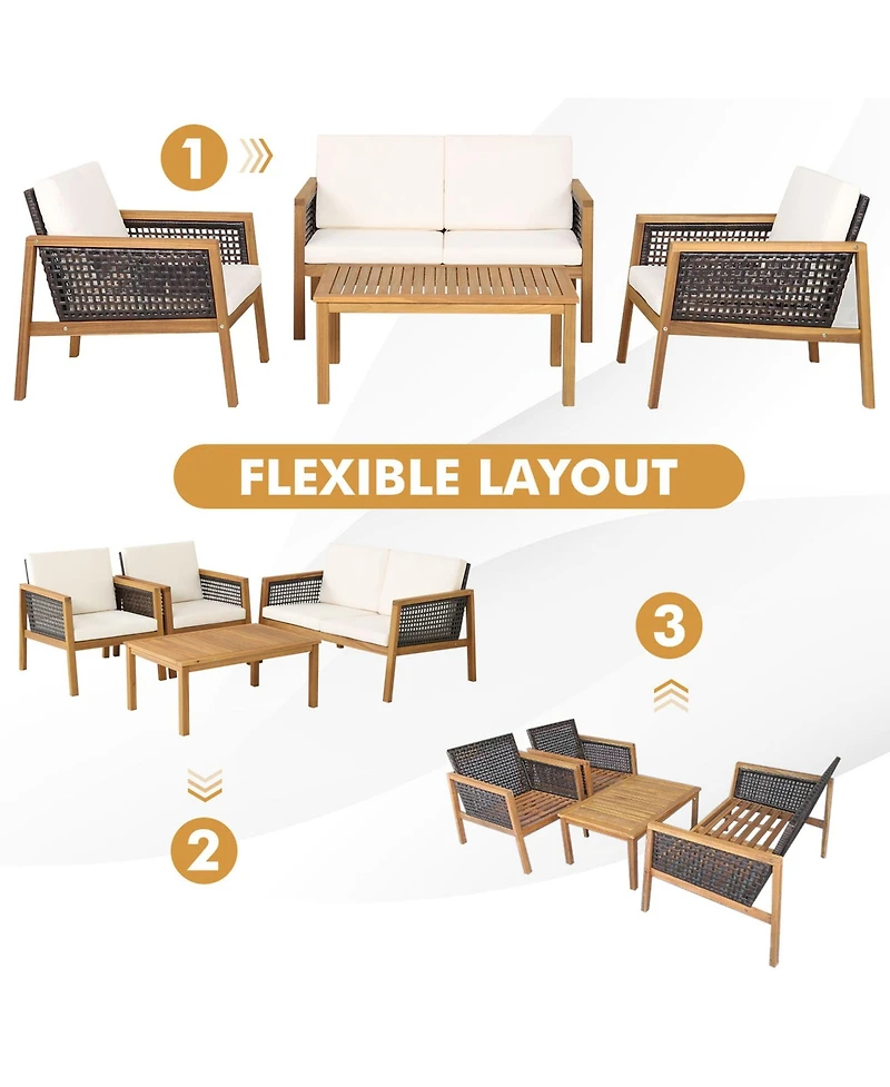 Gymax 8PCS Patio Acacia Wood Furniture Set Pe Rattan Conversation Set w/ Off White Cushions