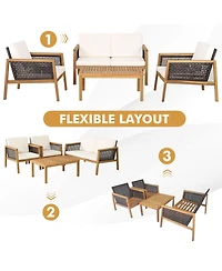 Gymax 8PCS Patio Acacia Wood Furniture Set Pe Rattan Conversation Set w/ Off White Cushions