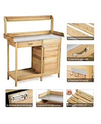 Costway Outdoor Potting Bench Garden Wooden Work Station Metal Tabletop Cabinet Drawer