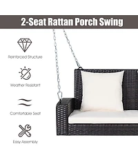 2-Person Patio Rattan Hanging Porch Swing Bench Chair Cushion
