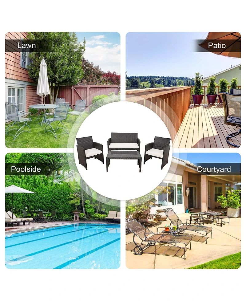 4PCS Patio Rattan Furniture Set Cushioned Chair Sofa Coffee Table