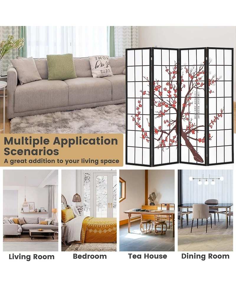 4-Panel Japanese Style Folding Room Divider with Elegant Plum Blossom Design Indoor