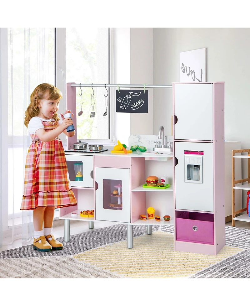 Costway 2-in-1 Kids Kitchen & Market with Realistic Light & Sound 82 Accessories Included