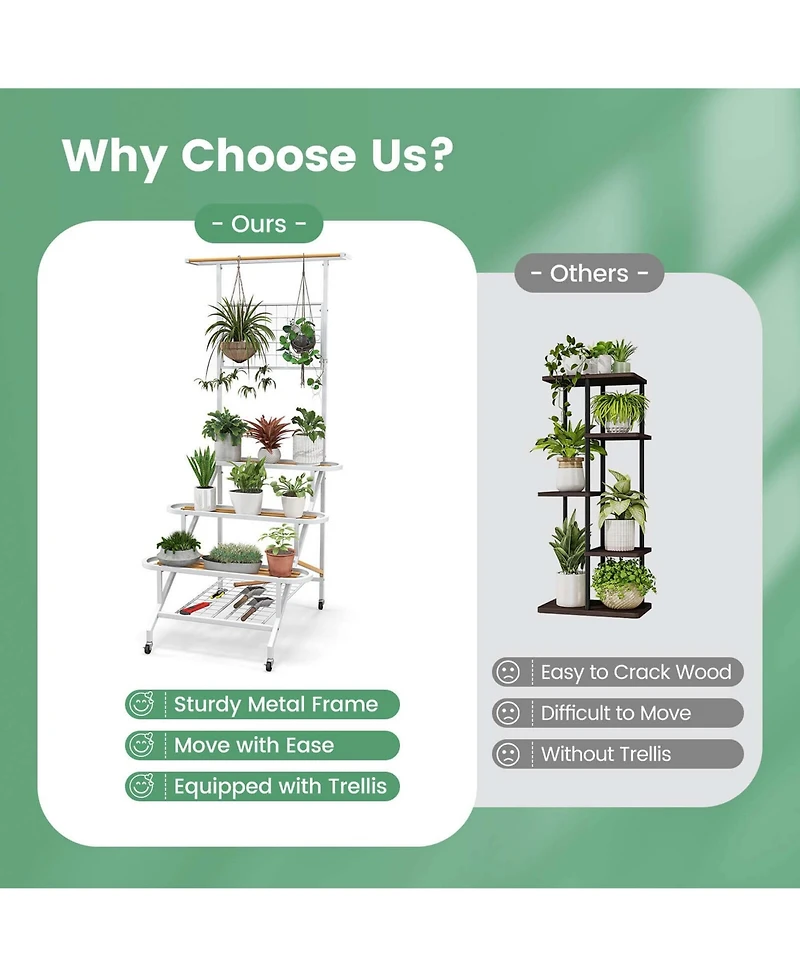 4-Tier Hanging Plant Stand Ladder Plant Shelf with Hanging Bar & Trellis
