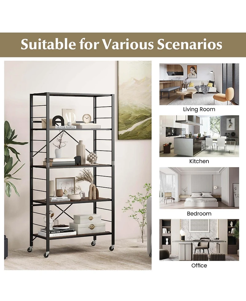 5-Tier Folding Shelf Free Diy Design Shelving Unit with 4 Universal Wheels Kitchen