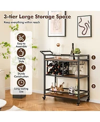 3-tier Bar Cart on Wheels Home Kitchen Serving Cart with Wine Rack & Glass Holder