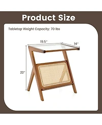 Rattan Side Table Bamboo Accent Bedside with Tempered Glass Top