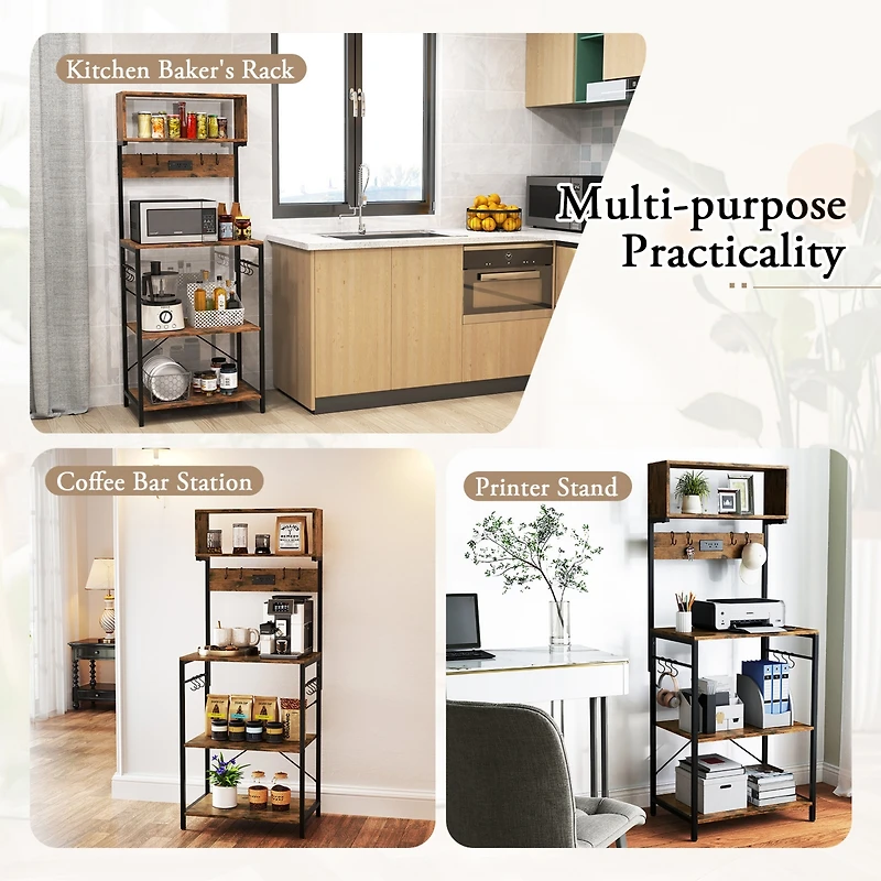 Kitchen Bakers Rack 60'' Microwave Stand with Power Outlet Open Shelves & Hooks