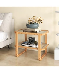 1 Pc Bamboo Side Table with Rattan Shelf Glass Top Nightstand Small Sofa End Table