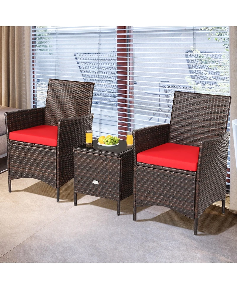 Gymax 3PCS Outdoor Rattan Conversation Set Patio Furniture Set w/ Red Cushions