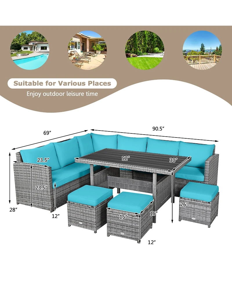 Gymax 7PCS Rattan Patio Sectional Sofa Set Conversation Set w/ Turquoise Cushions